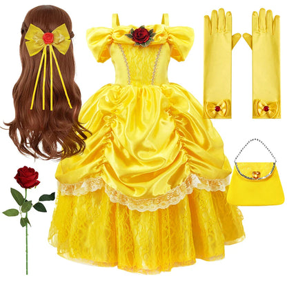Girls Belle Cosplay Princess Dress Children Beauty Beast Clothes Birthday Carnival Christmas Party Costume Kids Ball Gown 2-11T