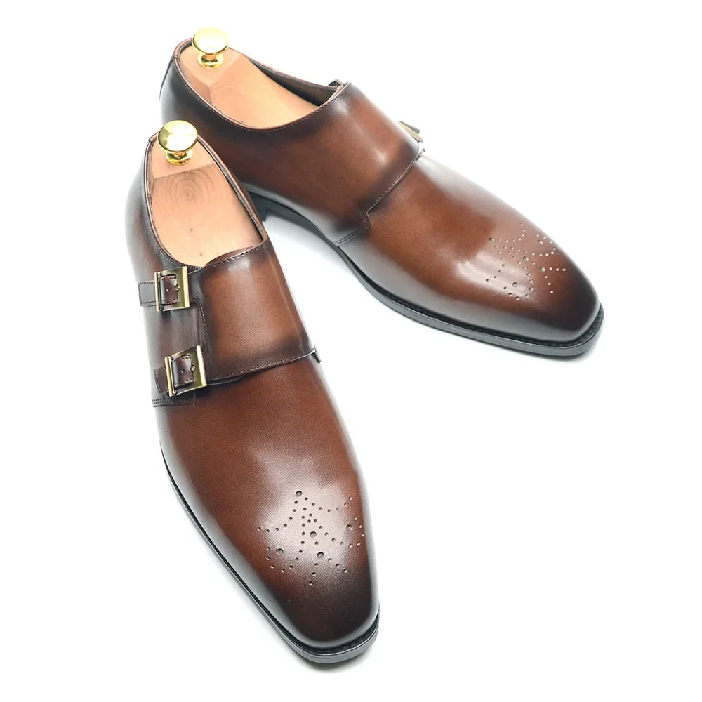 Italian Style Luxury Genuine Leather Monk Strap Men's Formal Shoes Double Buckles Brogue Pointy Toe Business Office Dress Shoes