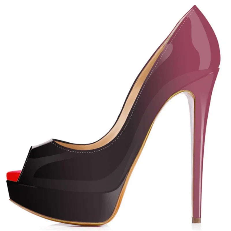 2026 New Women Pumps Sexy Platform Peep Toe 14cm Extremely High Heels Stiletto Patent Leather Party Nighclub Red Wedding Shoes