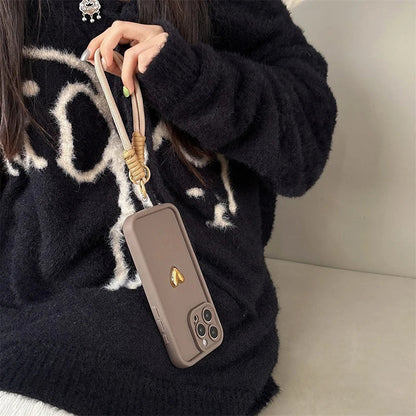 Cute Korean 3D Golden Love Heart Soft Case For iPhone 16 17 Pro Max 15 14 13 12 11 Pro 16E 7 8 Plus Wrist Chain Hang Strap Cover