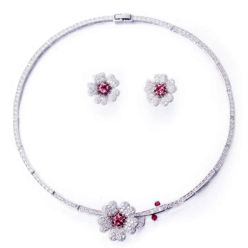 Druzy CZ Stone Big Red Flower Wedding Bridal Choker Necklace and Earrings Party Costume Jewelry Sets for Brides T0518