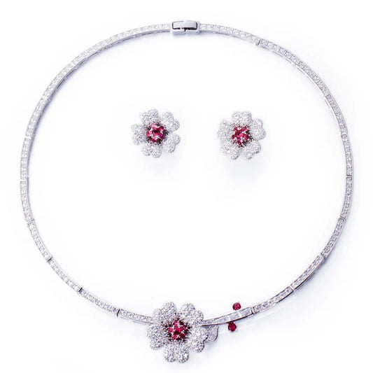 Druzy CZ Stone Big Red Flower Wedding Bridal Choker Necklace and Earrings Party Costume Jewelry Sets for Brides T0518