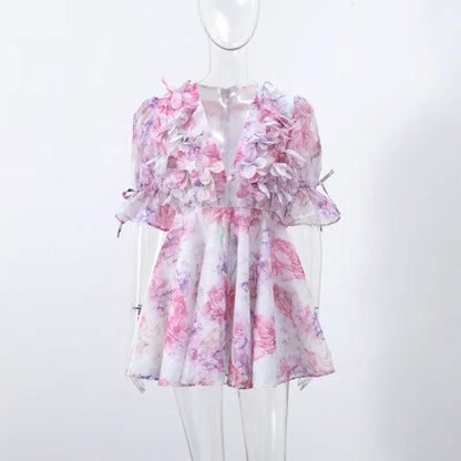 Chic Floral Printed Mini Dress Backless Sleeveless Hem Stacking Dresses Sweet A Line Vestidos 2025 New Lady Party Club Clothing
