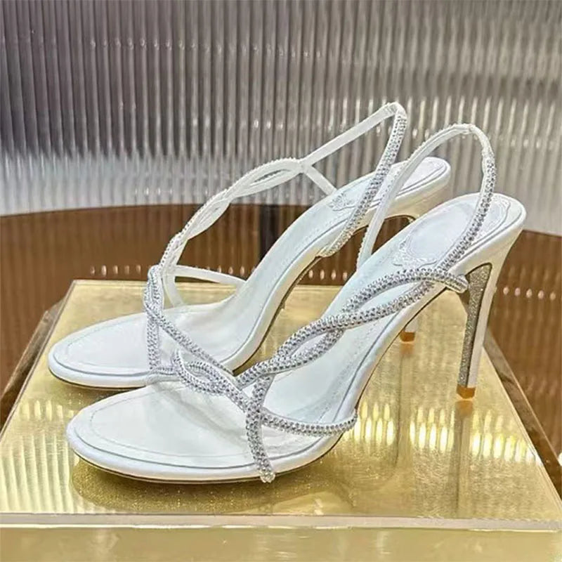 Bling Crystal Studded Thin Heels Sandals Woman Rhinestone Cross-tied High Heels Banquet Shoes Summer Stiletto Sandalias Women