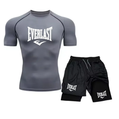 Men's Compress Shirt + 2-in-1 sports shorts 2pcs Set Leisure Breath Short Sleeve Sport Jogging Gym Brand Print Clothing