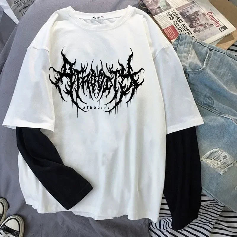 Women Atrocity Print Graphic Fake Two Long Sleeved T-shirts Fashion Gothic Retro Casual Loose Fake Two Long Sleeved T Shirt