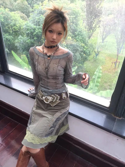 Grunge Aesthetics Mesh Tops Japanese Y2k Sheer Tops Vintage Harajuku See Through Crop Top Korean Fashion Tie Dye T-shirt