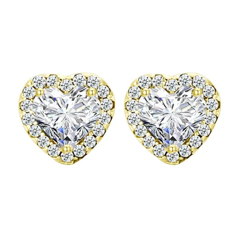 18K Gold Heart CZ Stud Earrings 925 Sterling Silver Hypoallergenic Classic Halo Earrings Circle Setting Women Dating Gift