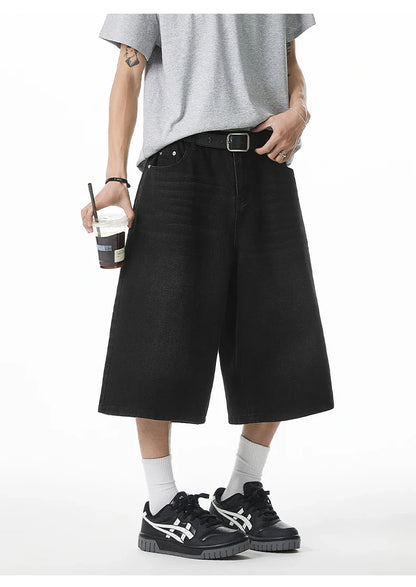 2025 Summer Men's Wide Leg Jeans Shorts Vintage Distressed Wash Y2K Straight Elastic Waist Loose Casual Relaxed Fit