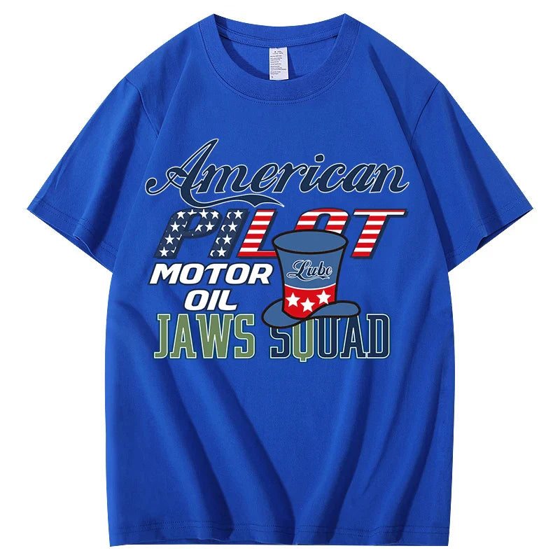 Unisex  American Pilot Motor Oil Graphic T-Shirt USA Flag Print Casual Streetwear Short Sleeve Tee Tee for Men Women