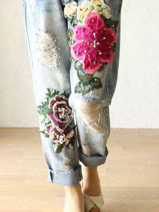 Women's Floral Embroidery Jeans Hollow Out Jeans