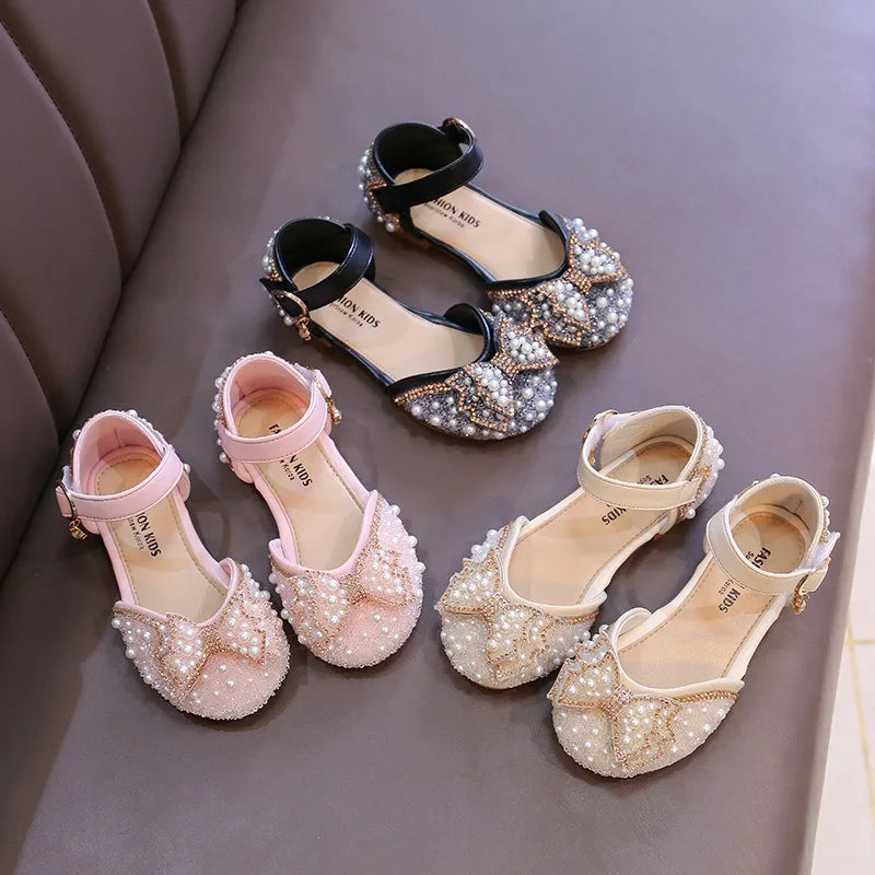 Cute Rhinestone Decorated Girls Shoes, Sweet Princess Style Flats for Wedding & Party, Soft Leather Children’s Dress Sandals