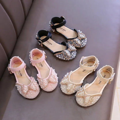 Cute Rhinestone Decorated Girls Shoes, Sweet Princess Style Flats for Wedding & Party, Soft Leather Children’s Dress Sandals