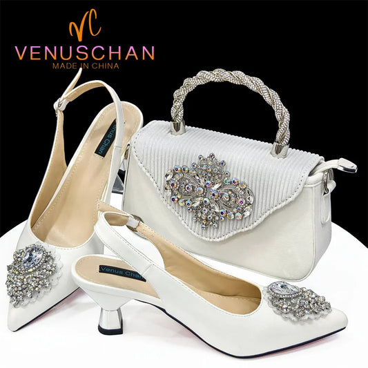 Latest Wedding Pointed Toe Women's Shoes High Heel White Color Rhinestones Party Ladies Shoes And Bag Set