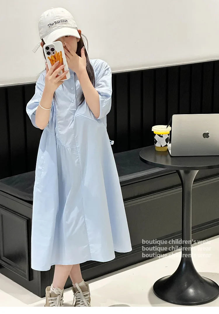 Girls' Dress Short Sleeve Fluffy High-End School Style Medium to Large Sizes Trendy Fashionable, Lightweight