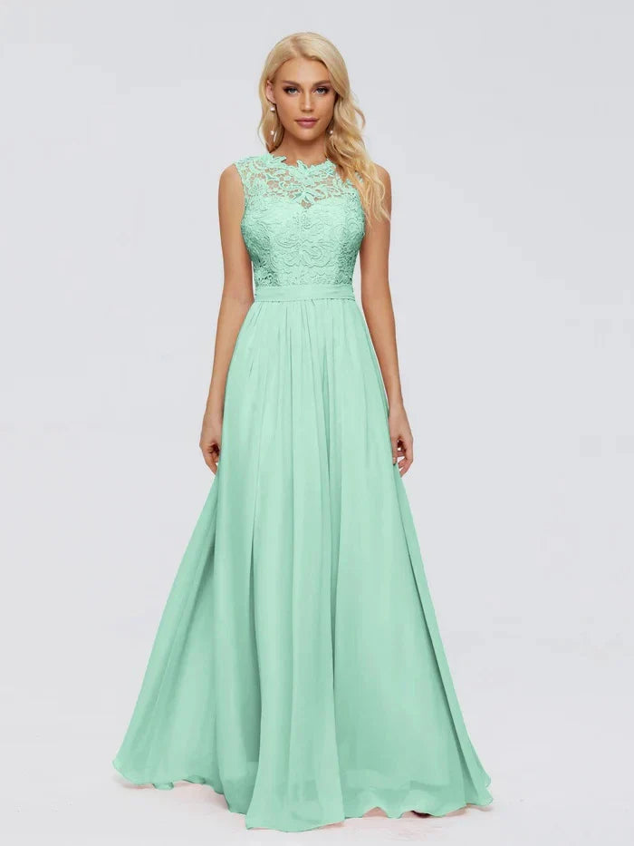 Elegante Vestido de Madrinha Verde Menta com Corpete de Renda Floral e Saia Fluida de Chiffon - Vestido de Gala Sem Mangas para Festa de Casamento