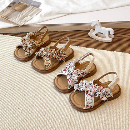 Summer Girl's Sandals Open Toe Flower Hook-loop Chic Kid's Flat Shoe Solid Colors Light Comfy Casual Daily Children Shoes 23-33