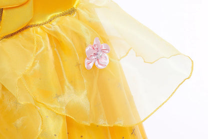 Girls Cosplay Belle Princess Dress for Kids Beauty and The Beast Costumes Children Birthday Party with Flower Clothes