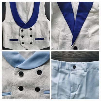 Premium Boys White And Light Blue Contrast Formal Suit Set 4PCS Design Elegant Occasion Wear For Wedding Banquet Performance