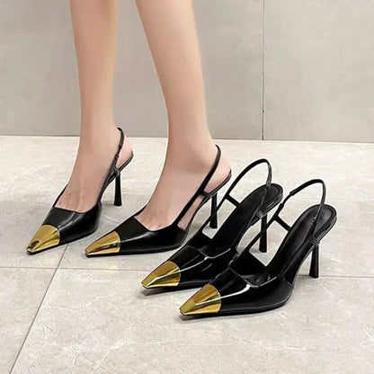 New Summer Women's High-heeled Sandals Gold Iron Head Patent Leather Black Stiletto Square Head Closed Toe Sling Back Shoes