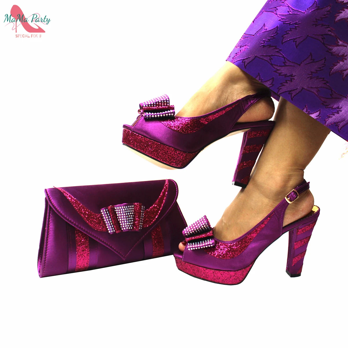 Fashion Pretty Peep Toe African Women Shoes Matching Bag Set in Silver Color Elegant Style Platform Sandals for Party