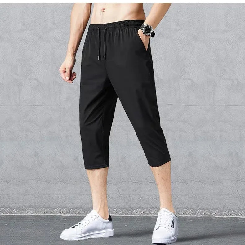 2024 Summer Men's Shorts Breathable Stretched Nylon Ice Silk 3/4 Short Capris Pants Sports Breeches Plus Size Casual Shorts Male