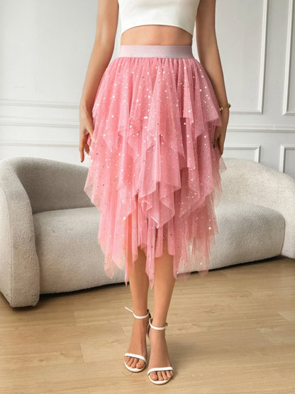 Ladies' high waisted elastic waist layered chiffon midi skirt with irregular asymmetric hem party casual mesh fairy ballet skirt