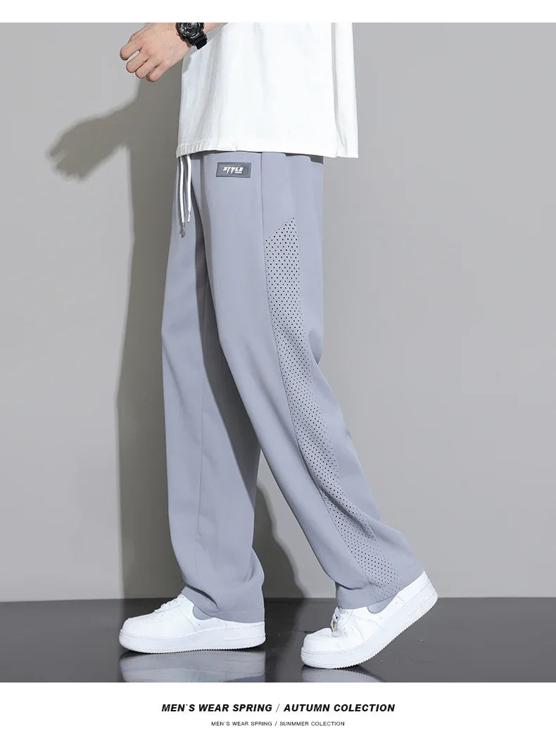 Men's Ice Silk Pants Summer Thin Style Drape Effect Loose Straight Casual Long Pants Trendy Brand Wide‑Leg Sports Pants for Boys