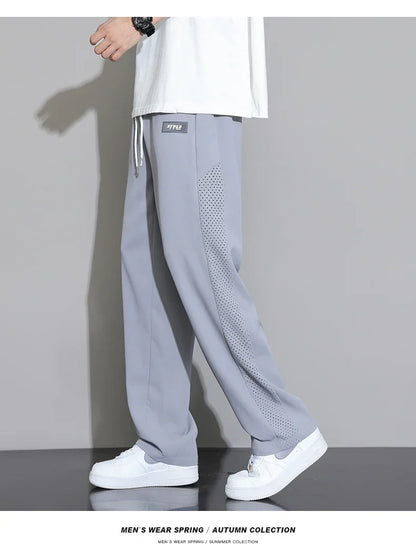 Men's Ice Silk Pants Summer Thin Style Drape Effect Loose Straight Casual Long Pants Trendy Brand Wide‑Leg Sports Pants for Boys
