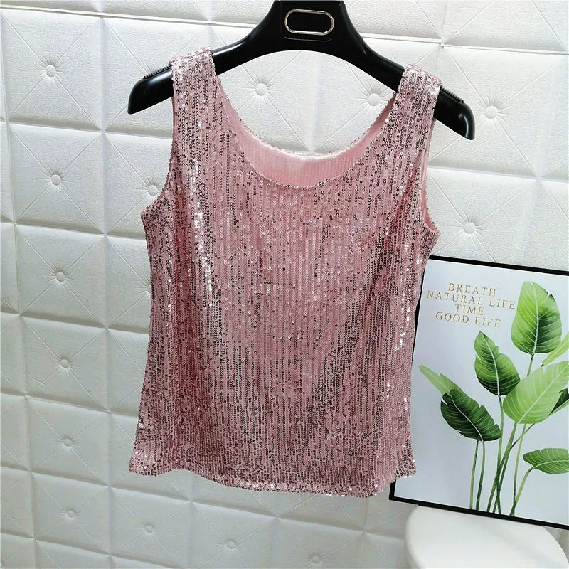 Sparkling Sequins Round Neck Vest Women's Outer Wear 2022 Summer New Bright Silk Fashion Glitter Bottoming Shirt Suspender Top