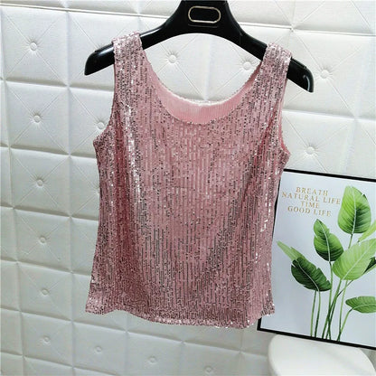 Sparkling Sequins Round Neck Vest Women's Outer Wear 2022 Summer New Bright Silk Fashion Glitter Bottoming Shirt Suspender Top