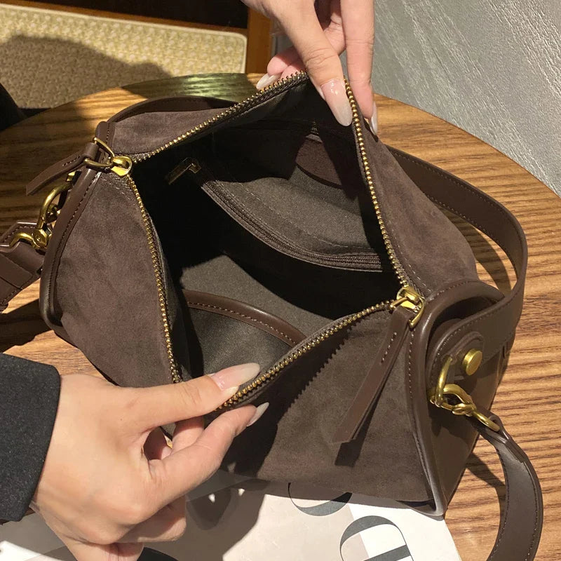Suede Cowhide Fashion Ladies Shoulder Cross Coffe Bag Genuine Leather Luxury Designer Women's Brown Handbag Female Crossbody Bag