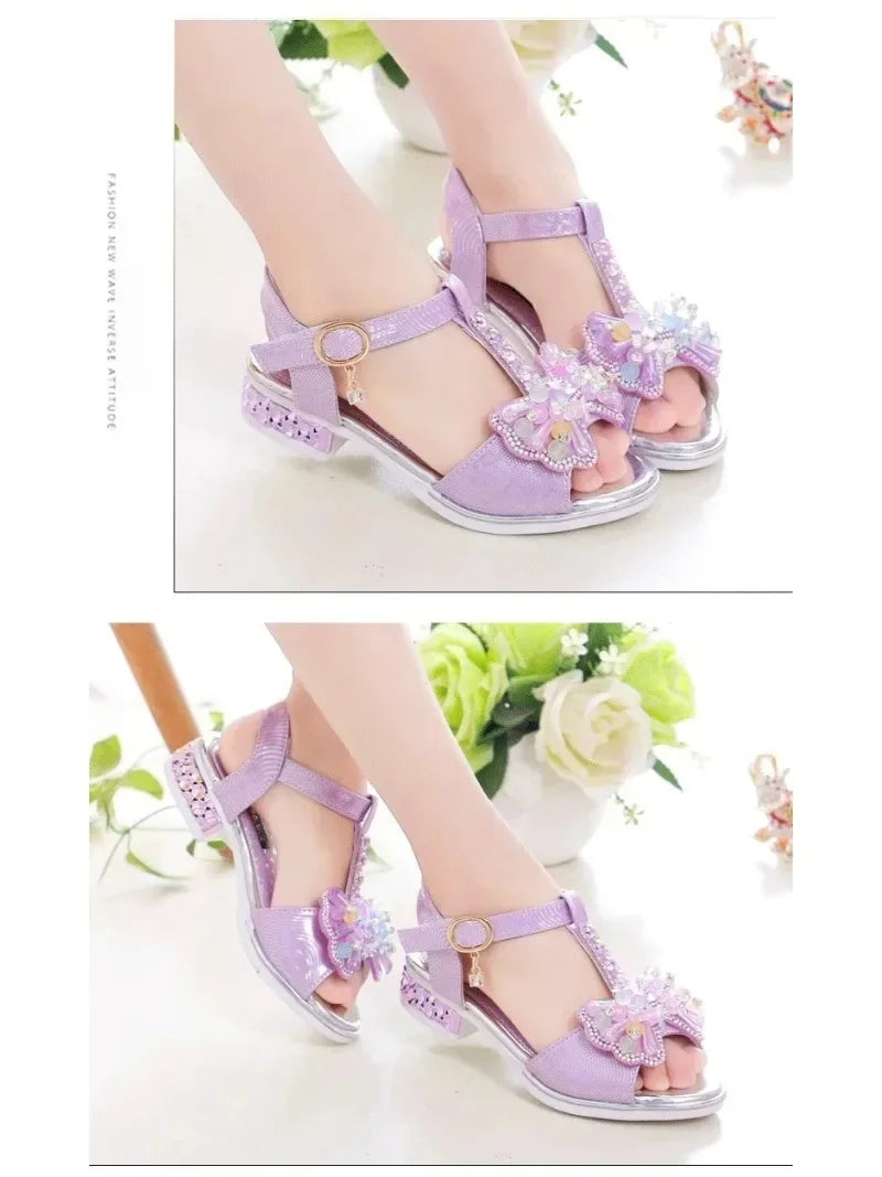 Girls Dance Shoes Non-slip Soft Sole Kids Princess Shoes T-strap Open Toes 2025 Summer New Children Sandals Sweet Bows Non-slip