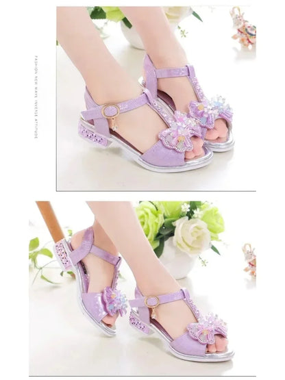 Girls Dance Shoes Non-slip Soft Sole Kids Princess Shoes T-strap Open Toes 2025 Summer New Children Sandals Sweet Bows Non-slip