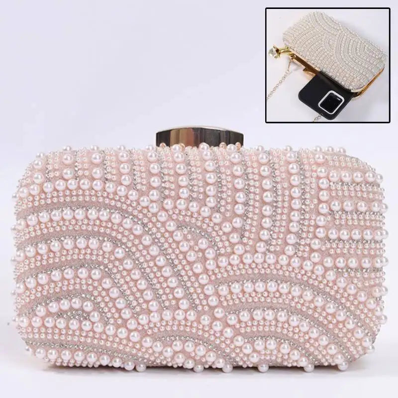 Ladies Pearl Elegant Evening Bag Fashionable Stylish Beading Wedding Dinner Party Banquet  Dress Clutch Bag with Long Chain
