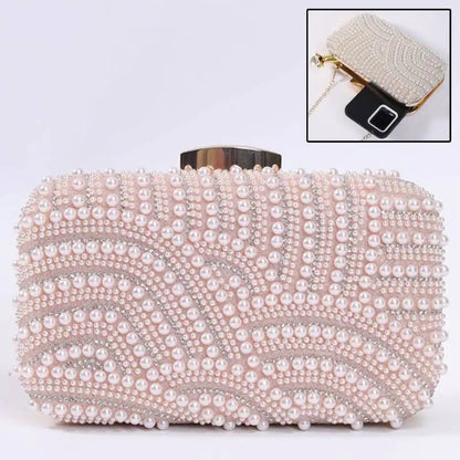 Ladies Pearl Elegant Evening Bag Fashionable Stylish Beading Wedding Dinner Party Banquet  Dress Clutch Bag with Long Chain