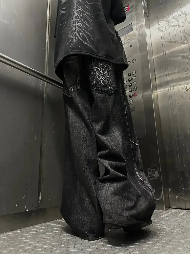 Vintage Y2K Baggy Jeans Splicing embroidery Pattern high quality jeans Hip Hop Gothic Streetwear men women Casual wide leg jeans