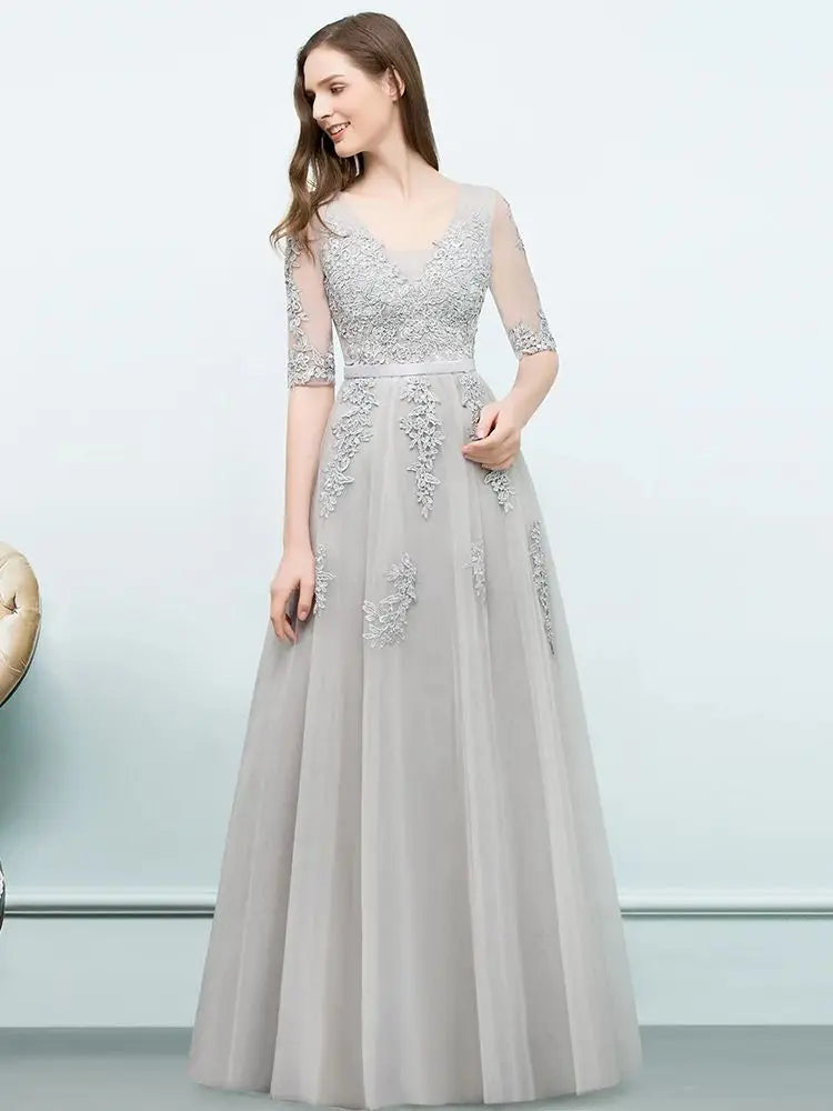 Sliver Evening Dress with Sheer Sleeves & Floral Embroidery, Elegant A-Line Gown with V-Back for Wedding Party