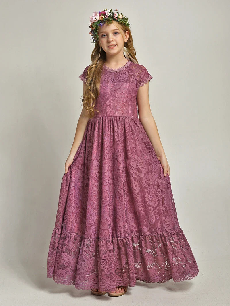 Princess Girls Lace Bohemia Long Dresses Baby Kids Flower Wedding Party Dress Cotton Lining Vestidos Costume Children Clothing