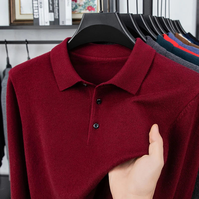 Original Quality Men's Polo Shirt Exquisite Simple Long Sleeve Knitted Lapel Sweater Autumn Winter Business Casual Menswear Top