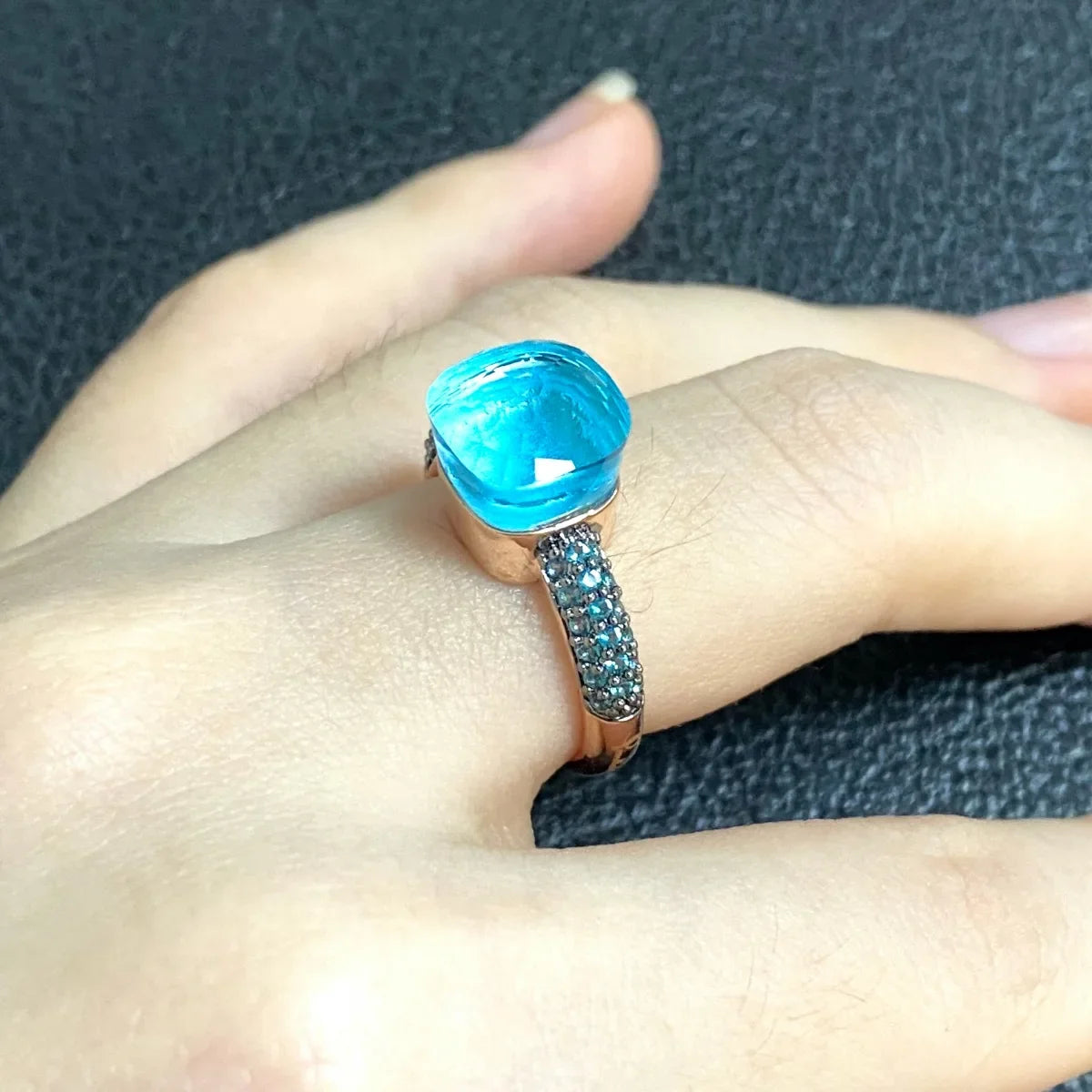 10.6mm Elegant Blue Topaz Zircon Ring Dual Tone Black Gun & Rose Gold 30 Colors Candy Crystal Jewelry Gift for Women