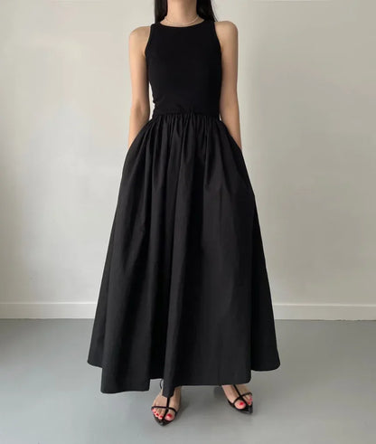 Simple Elegant Black Long Dresses For Women Round Neck Sleeveless High Waist Temperament Female Fashion Style Dress