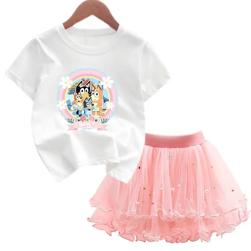 2Pcs/Set Girl Dress Kid Birthday Clothes Party Princess Dress Cartoon T-shirt+Tutu Skirt Summer Evening Christmas Gift
