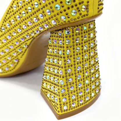 Nigerian Heel Party for Women Yellow Shoes and Bag Set Rhinestone Handbag Italian Design Wedding