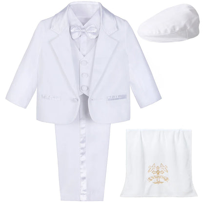 Baby Boy Baptism Outfit Infant White Christening Suit with Hat Toddler Wedding Birthday Party Clothing Long Sleeved Tuxedo 5PCS