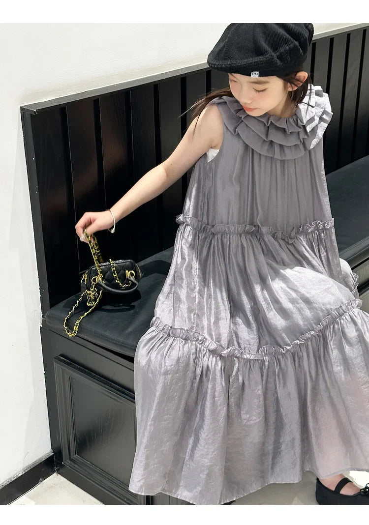 Vestido infantil feminino vestido de verão infantil vestido estilo coreano vestido de princesa vestido de verão doce sem mangas para crianças grandes