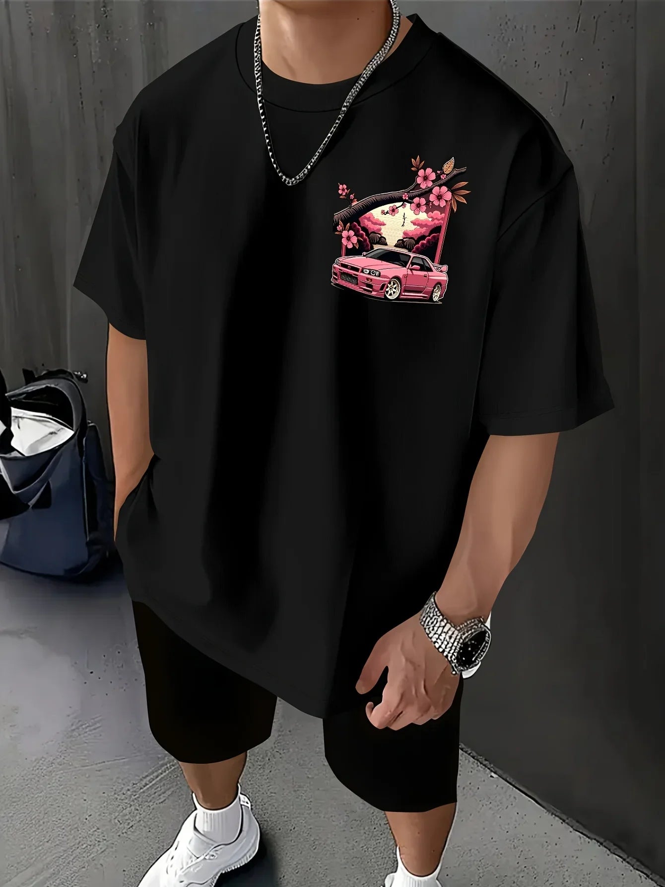 Men's Japanese Racing Graphic T-Shirt Sakura Motorsport Tee Cherry Blossoms Loose Fit Back Print Shirt Drift Events Streetwear