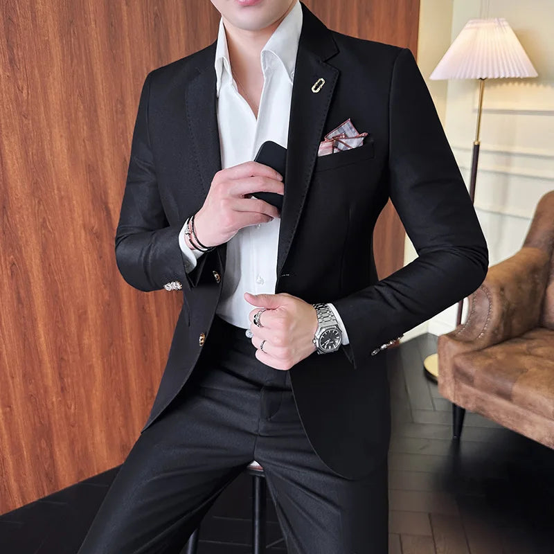 Men's Korean Style Slim Fit Suit Set, High Quality Fabric Solid Color Edge Pressing for Wedding Business