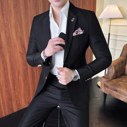 Men's Korean Style Slim Fit Suit Set, High Quality Fabric Solid Color Edge Pressing for Wedding Business