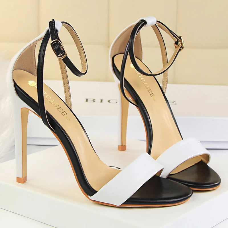 Women Black-White Concise Leather 11cm High Heels Sandals Lady Adjustable Ankle Buckle Shoes Female Fashion Party Dress Shoes